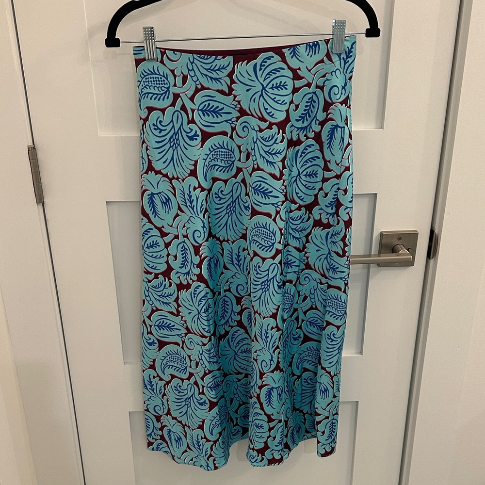 J. Crew Teal and Maroon Leaf Print Midi Skirt